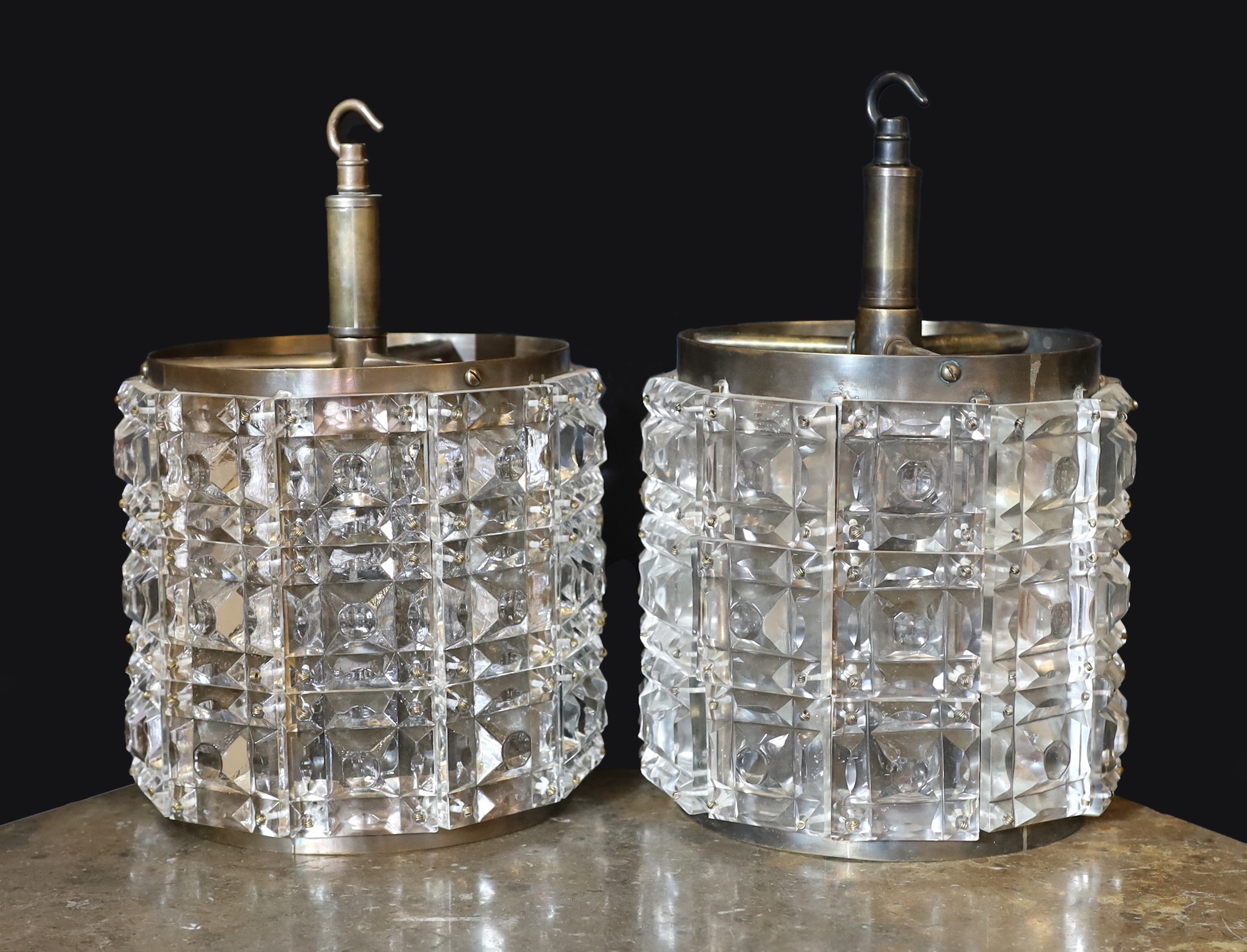 A pair of 1940s style moulded crystal glass and bronze metal ceiling lights, height overall 34cm. diameter 21cm